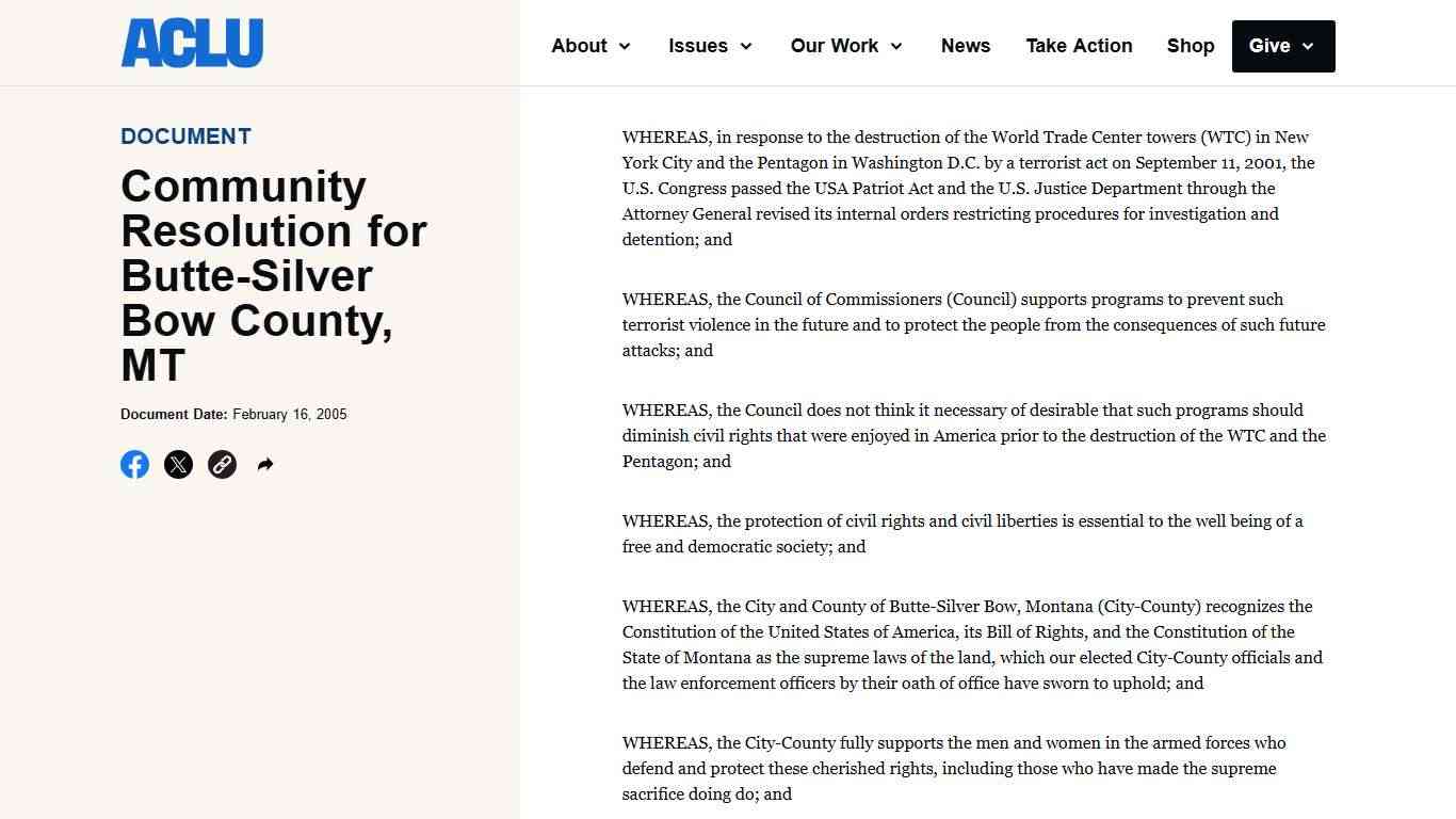 Community Resolution for Butte-Silver Bow County, MT American Civil Liberties Union